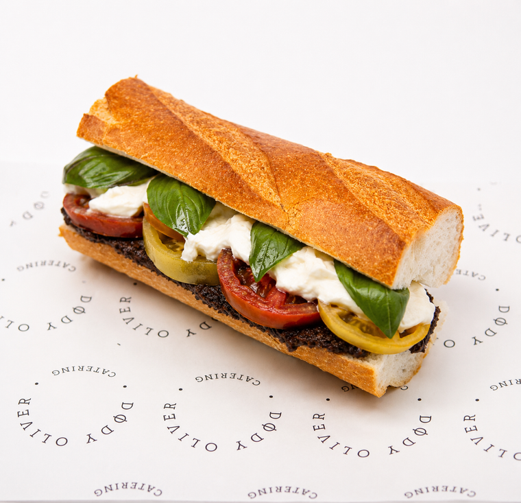 Baguette of Heirloom Tomato, Straciatella, Basil & Kalamata Olive Tapenade